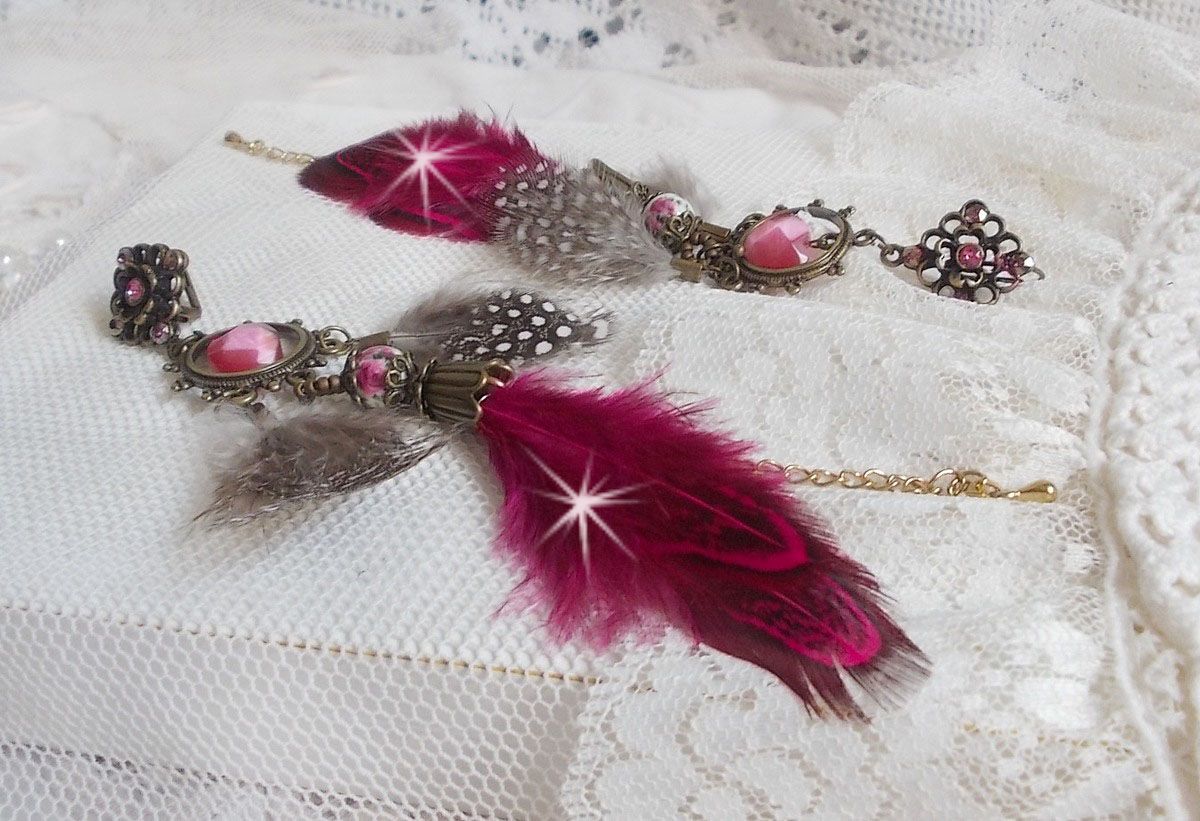 Navajo Fuchsia and Brown BO with glass beads, Swarovski crystals and feathers