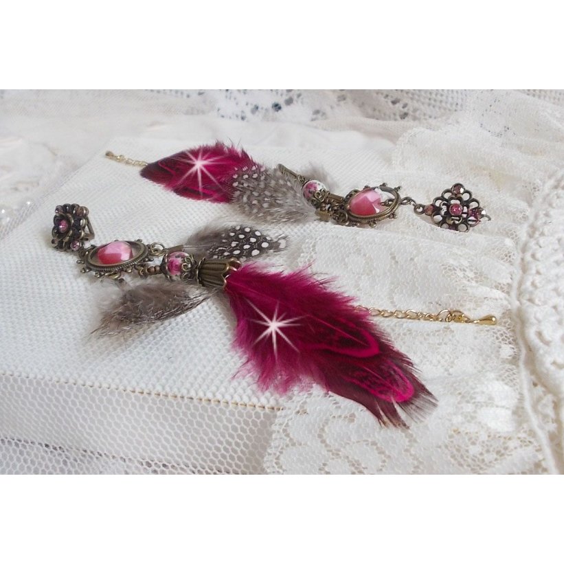 Navajo Fuchsia and Brown BO with glass beads, Swarovski crystals and feathers