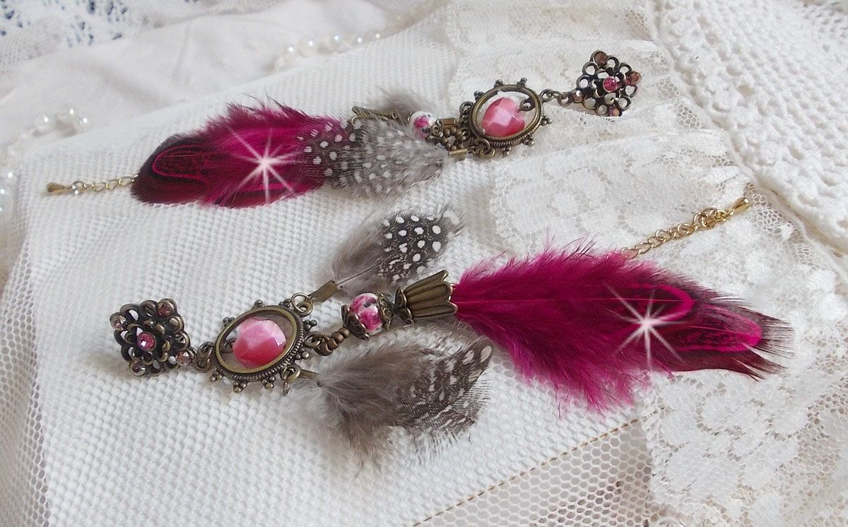 Navajo Fuchsia and Brown BO with glass beads, Swarovski crystals and feathers