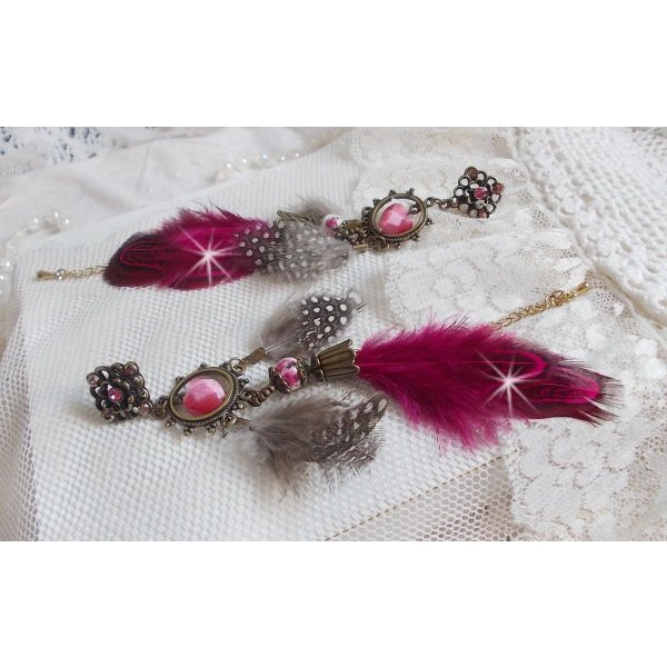 Navajo Fuchsia and Brown BO with glass beads, Swarovski crystals and feathers