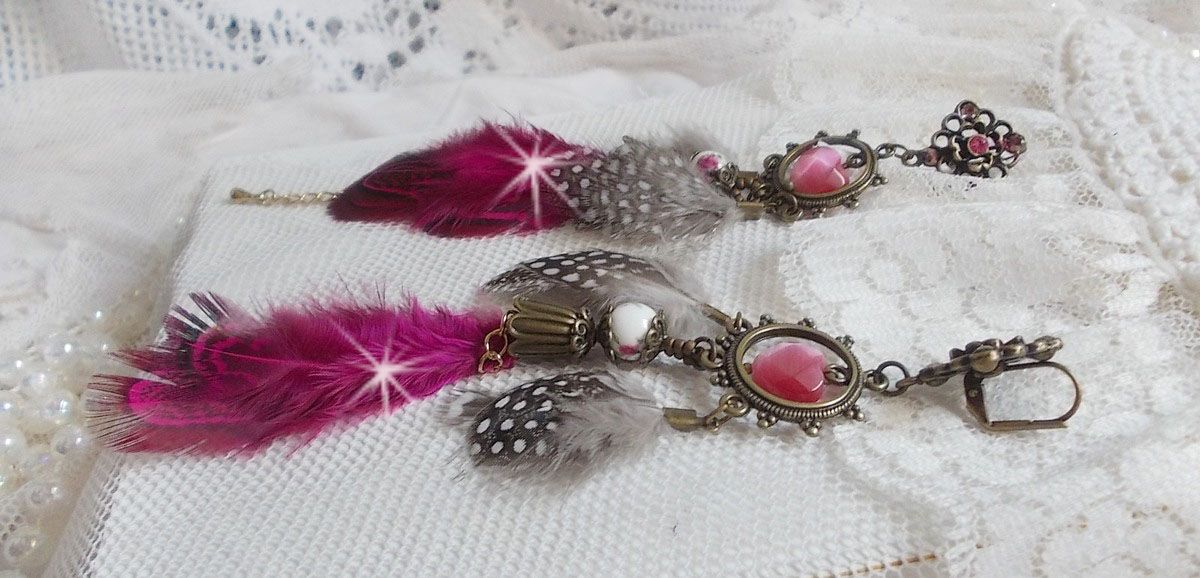 Navajo Fuchsia and Brown BO with glass beads, Swarovski crystals and feathers