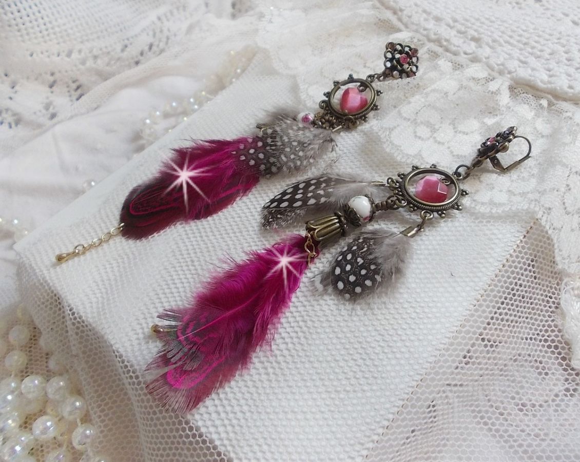 Navajo Fuchsia and Brown BO with glass beads, Swarovski crystals and feathers