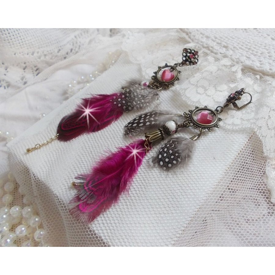 Navajo Fuchsia and Brown BO with glass beads, Swarovski crystals and feathers