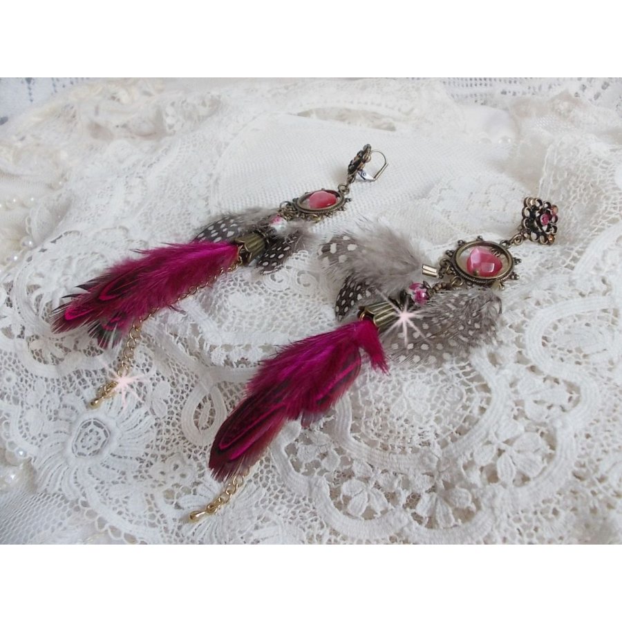 Navajo Fuchsia and Brown BO with glass beads, Swarovski crystals and feathers