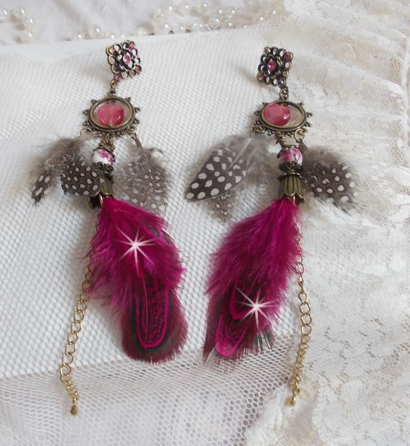 Navajo Fuchsia and Brown BO with glass beads, Swarovski crystals and feathers