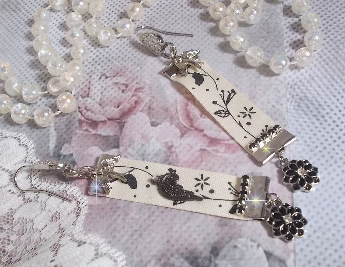 Black and White Birds BO created with black and white bird print ribbon, crystals, enameled flowers and quality accessories