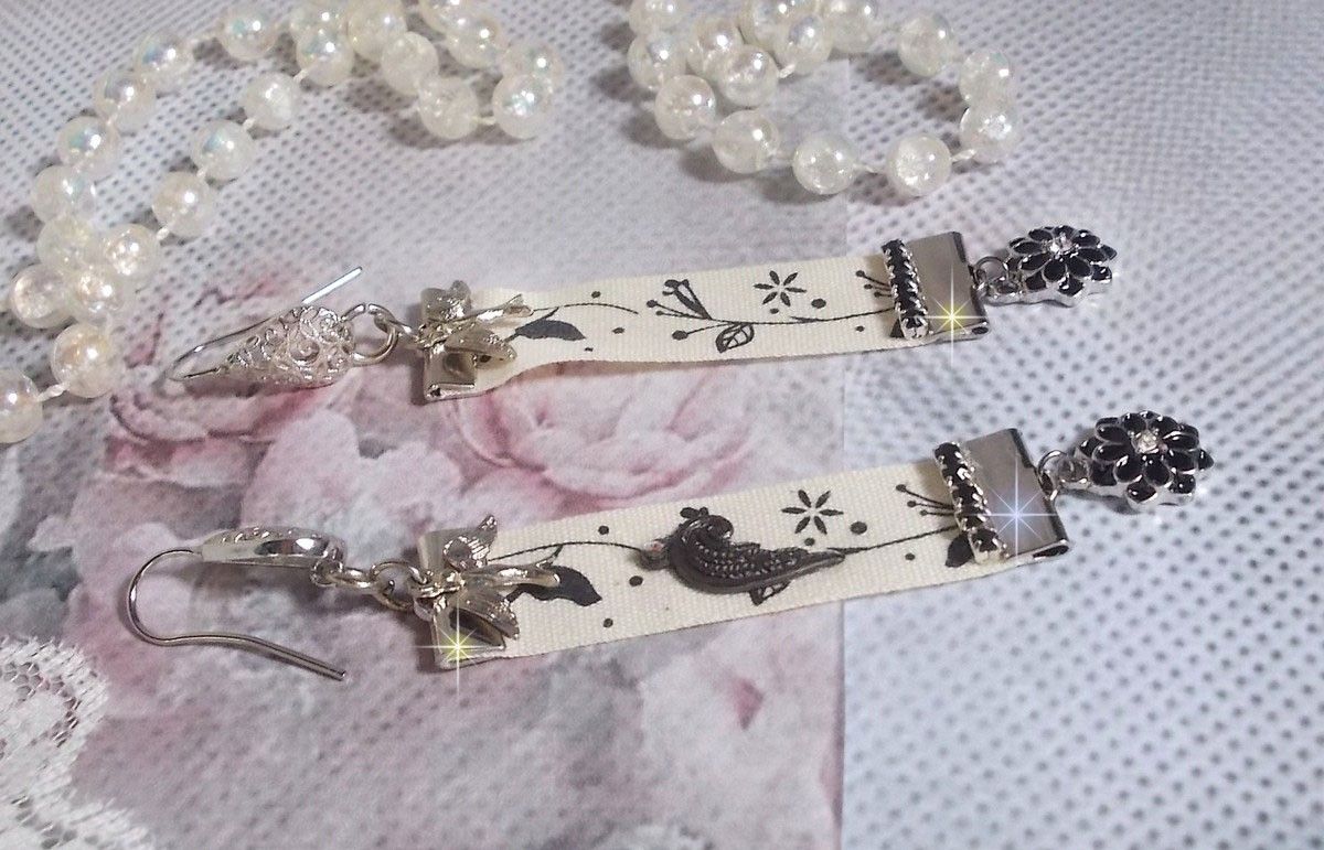 Black and White Birds BO created with black and white bird print ribbon, crystals, enameled flowers and quality accessories