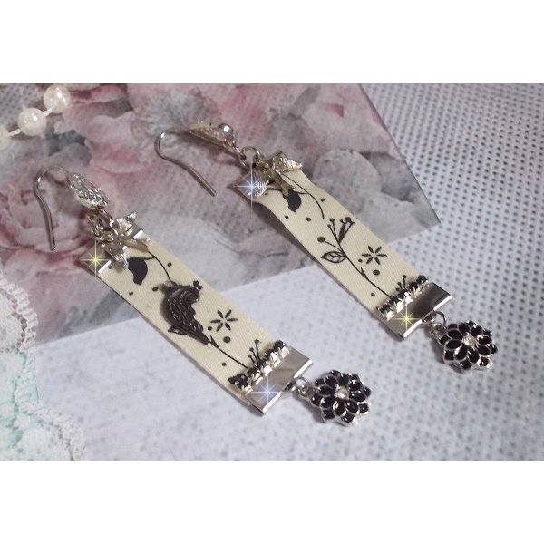 Black and White Birds BO created with black and white bird print ribbon, crystals, enameled flowers and quality accessories