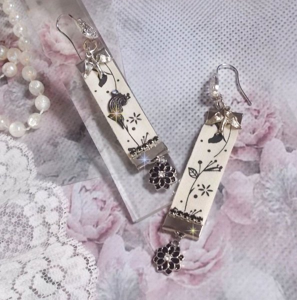 Black and White Birds BO created with black and white bird print ribbon, crystals, enameled flowers and quality accessories