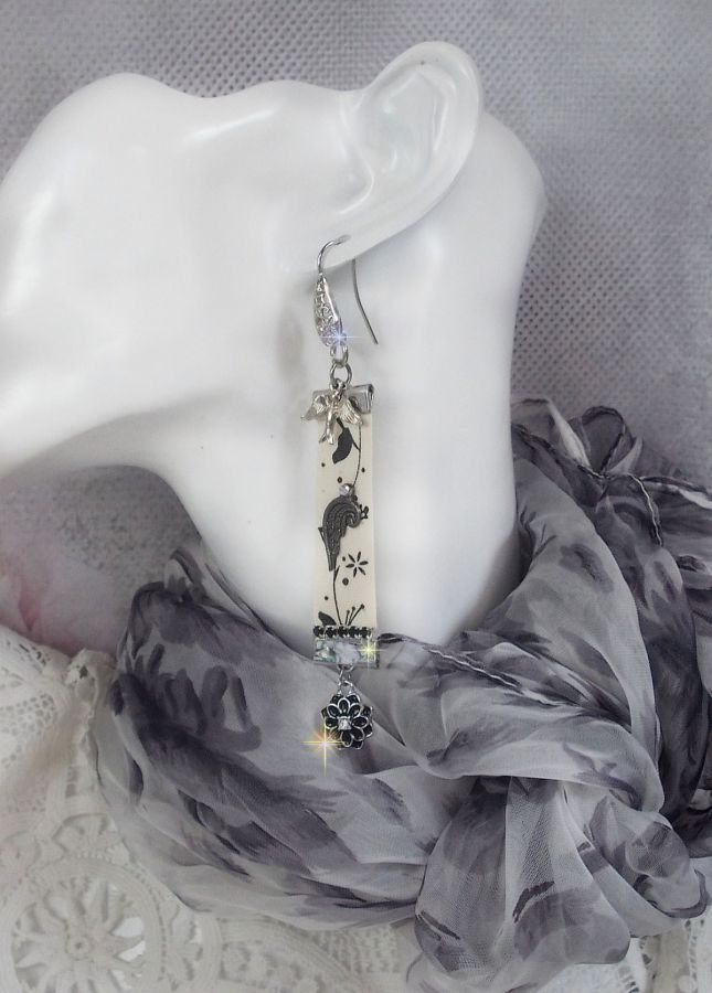 Black and White Birds BO created with black and white bird print ribbon, crystals, enameled flowers and quality accessories