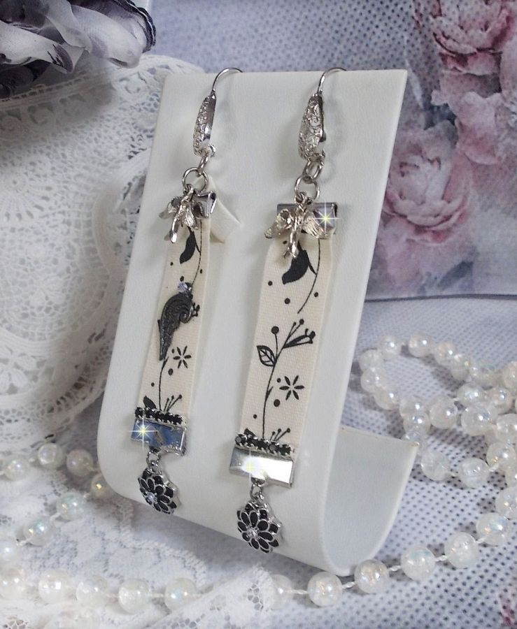 Black and White Birds BO created with black and white bird print ribbon, crystals, enameled flowers and quality accessories