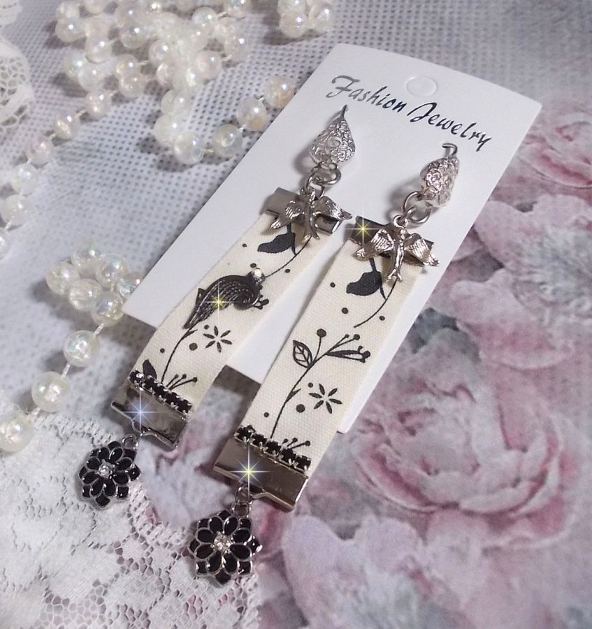 Black and White Birds BO created with black and white bird print ribbon, crystals, enameled flowers and quality accessories