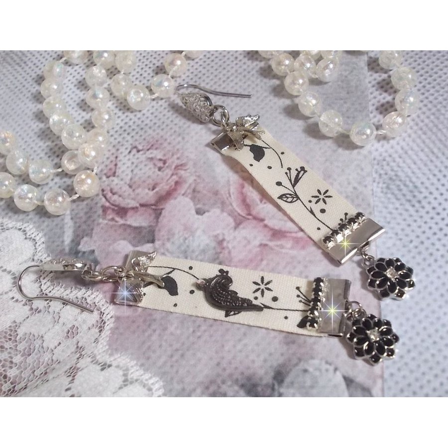 Black and White Birds BO created with black and white bird print ribbon, crystals, enameled flowers and quality accessories