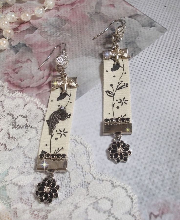 Black and White Birds BO created with black and white bird print ribbon, crystals, enameled flowers and quality accessories