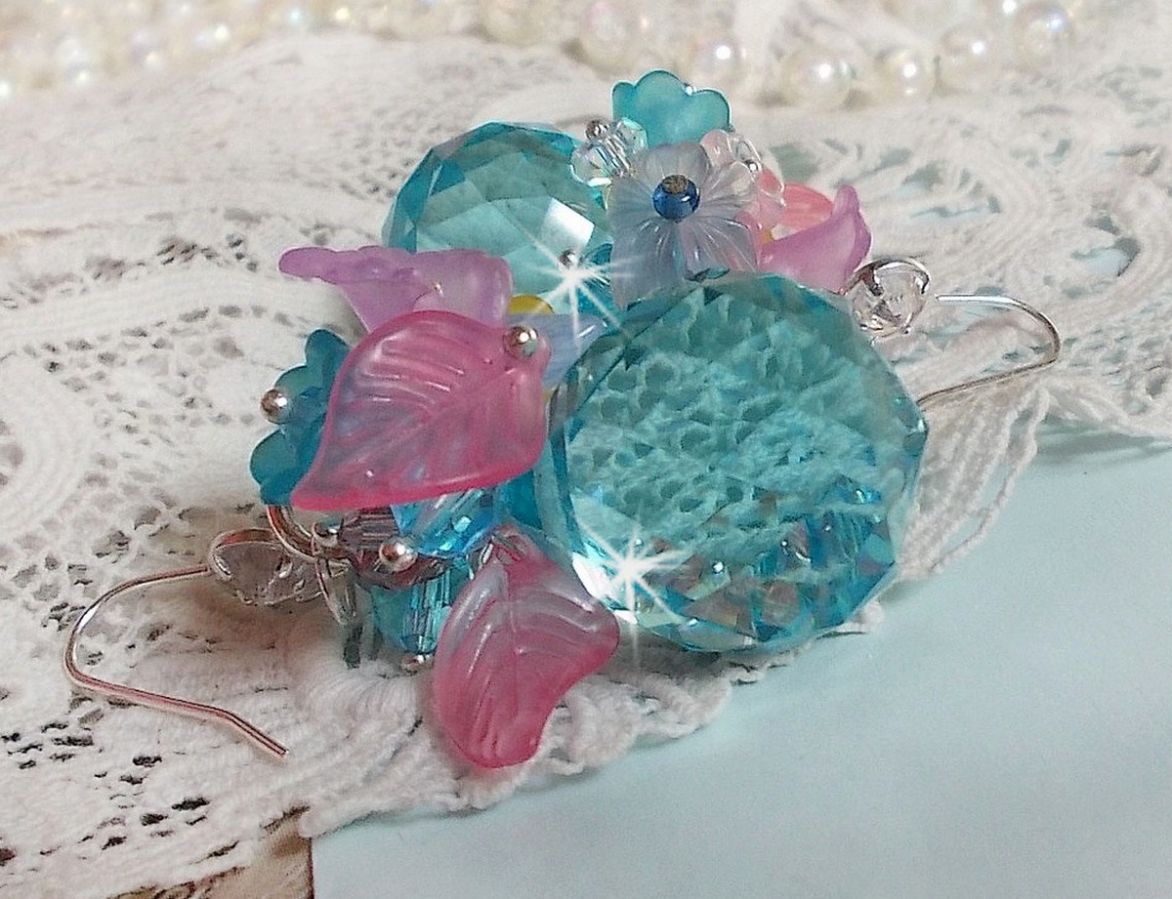 Ondine Blue BO created with Swarovki crystals and pink resin flowers