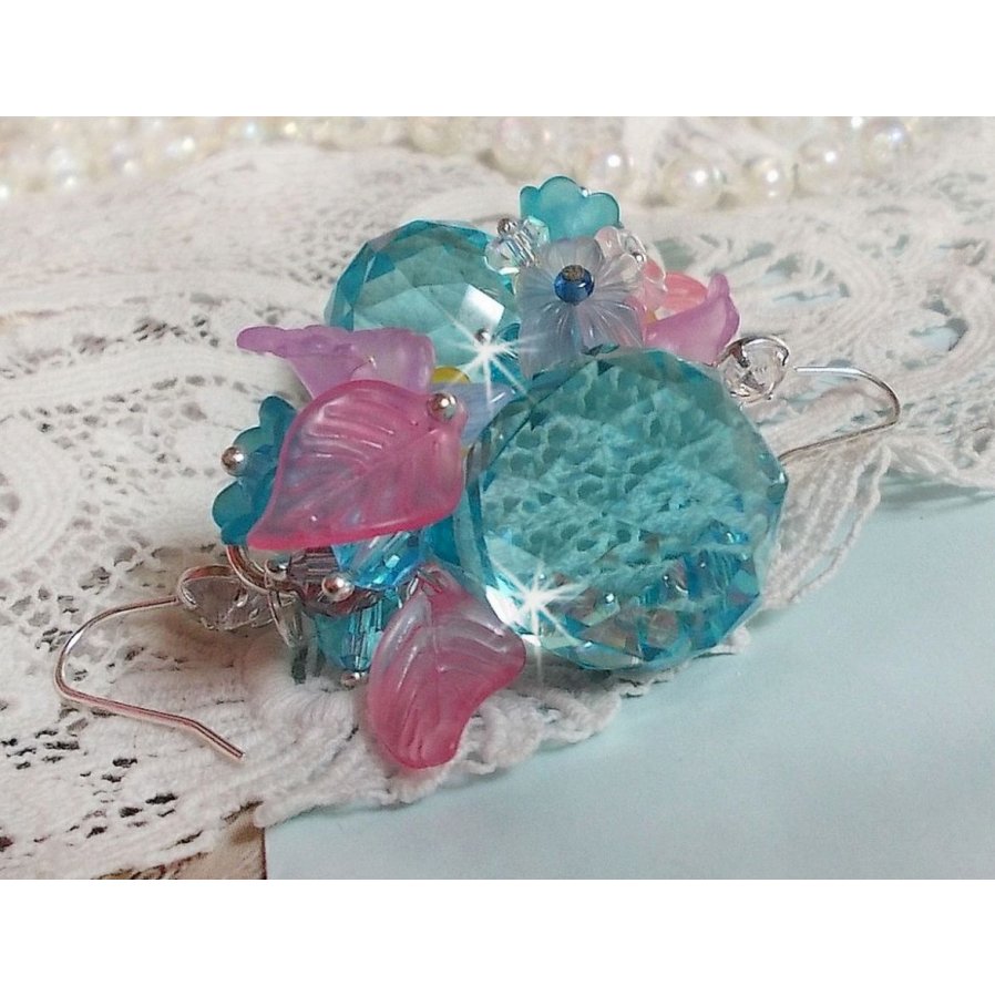 Ondine Blue BO created with Swarovki crystals and pink resin flowers