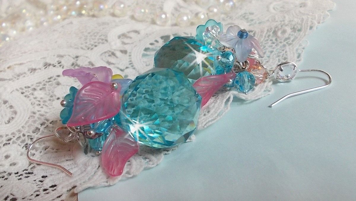 Ondine Blue BO created with Swarovki crystals and pink resin flowers