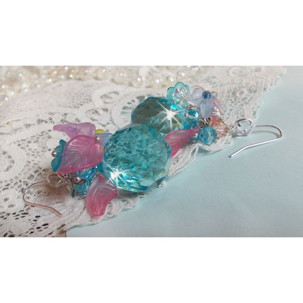 Ondine Blue BO created with Swarovki crystals and pink resin flowers