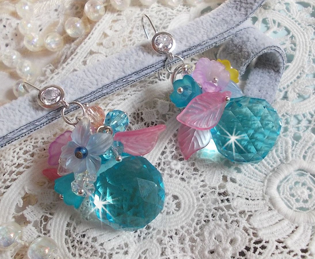 Ondine Blue BO created with Swarovki crystals and pink resin flowers