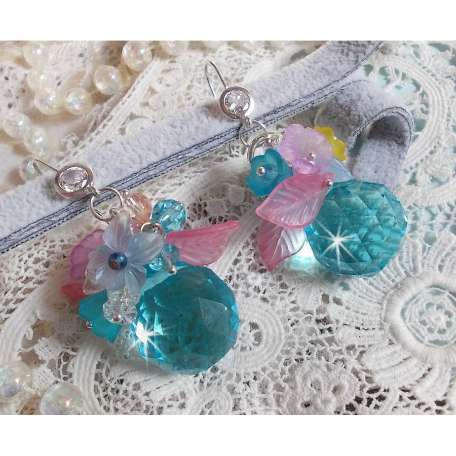 Ondine Blue BO created with Swarovki crystals and pink resin flowers