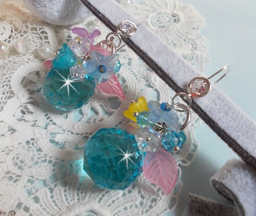 Ondine Blue BO created with Swarovki crystals and pink resin flowers