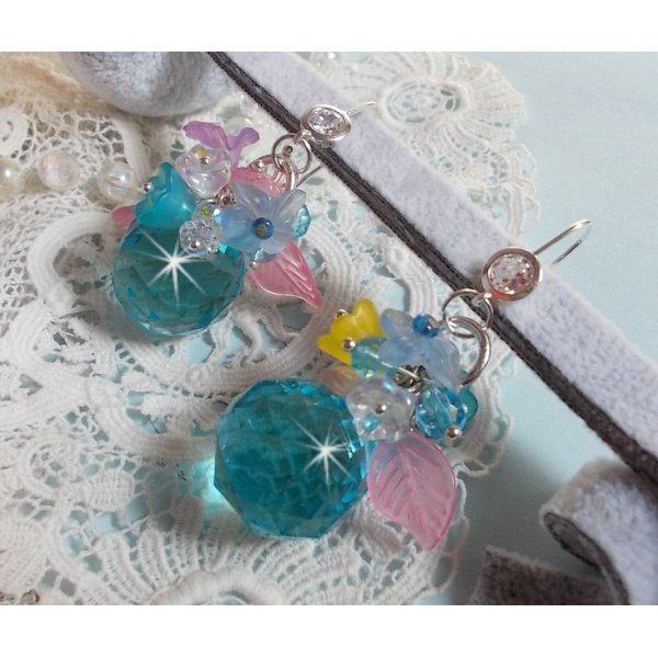 Ondine Blue BO created with Swarovki crystals and pink resin flowers