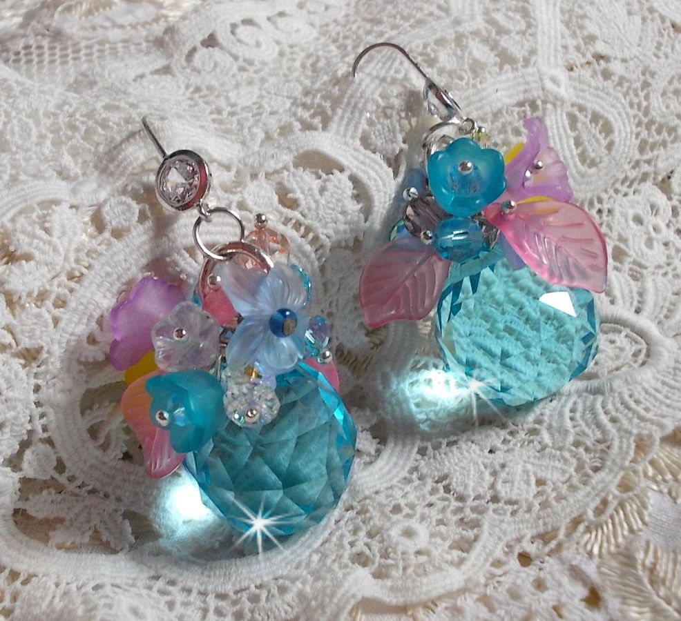 Ondine Blue BO created with Swarovki crystals and pink resin flowers