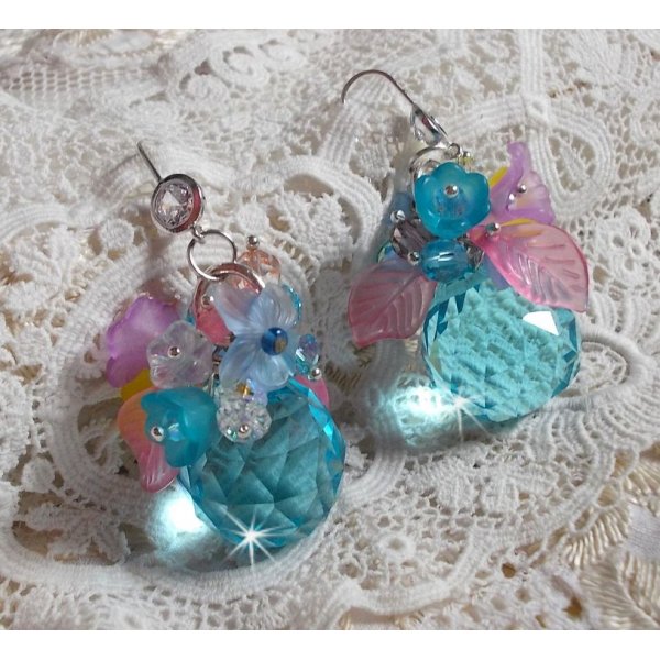 Ondine Blue BO created with Swarovki crystals and pink resin flowers
