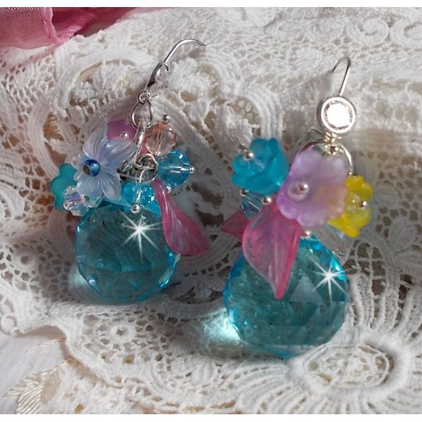Ondine Blue BO created with Swarovki crystals and pink resin flowers