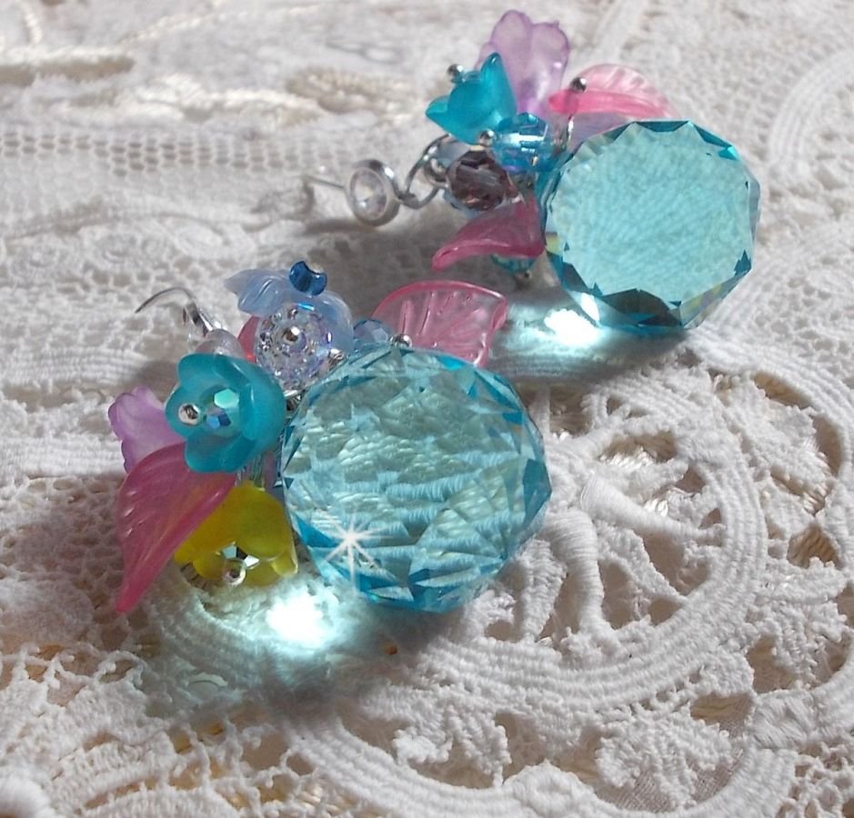 Ondine Blue BO created with Swarovki crystals and pink resin flowers