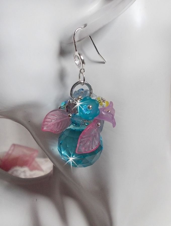 Ondine Blue BO created with Swarovki crystals and pink resin flowers