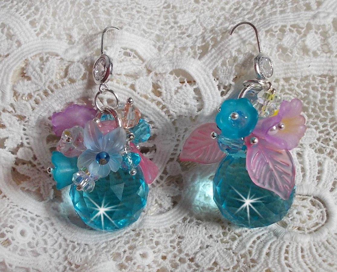 Ondine Blue BO created with Swarovki crystals and pink resin flowers