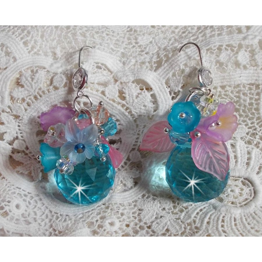 Ondine Blue BO created with Swarovki crystals and pink resin flowers