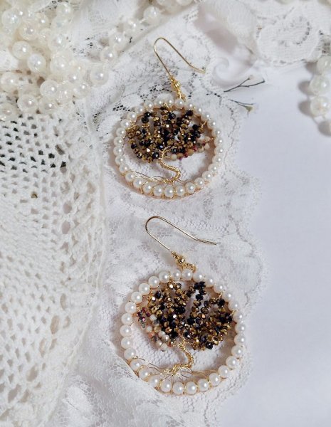 BO Perline Black Nacr&eacute; cr&eacute;&eacute;es avec pendentifs perles, rondes aplaties verres et crochets laiton