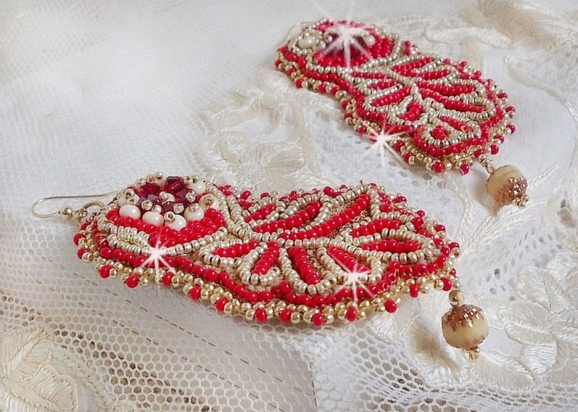 Renaissance BO embroidered with Swarovski Crystals, Antique Ivory facets, seed beads and 14K Gold Filled hooks