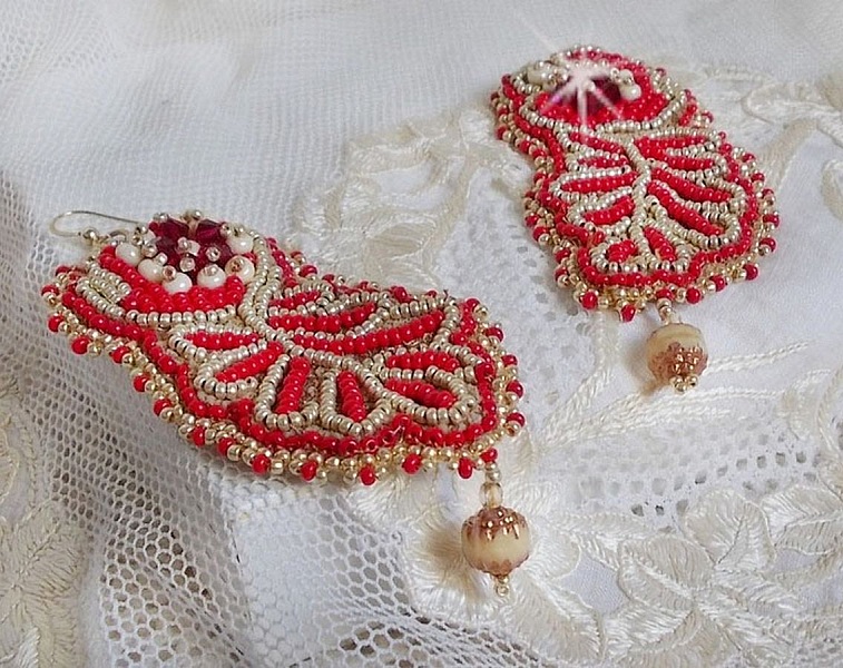 Renaissance BO embroidered with Swarovski Crystals, Antique Ivory facets, seed beads and 14K Gold Filled hooks