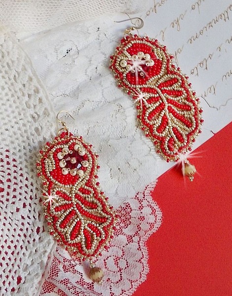 Renaissance BO embroidered with Swarovski Crystals, Antique Ivory facets, seed beads and 14K Gold Filled hooks