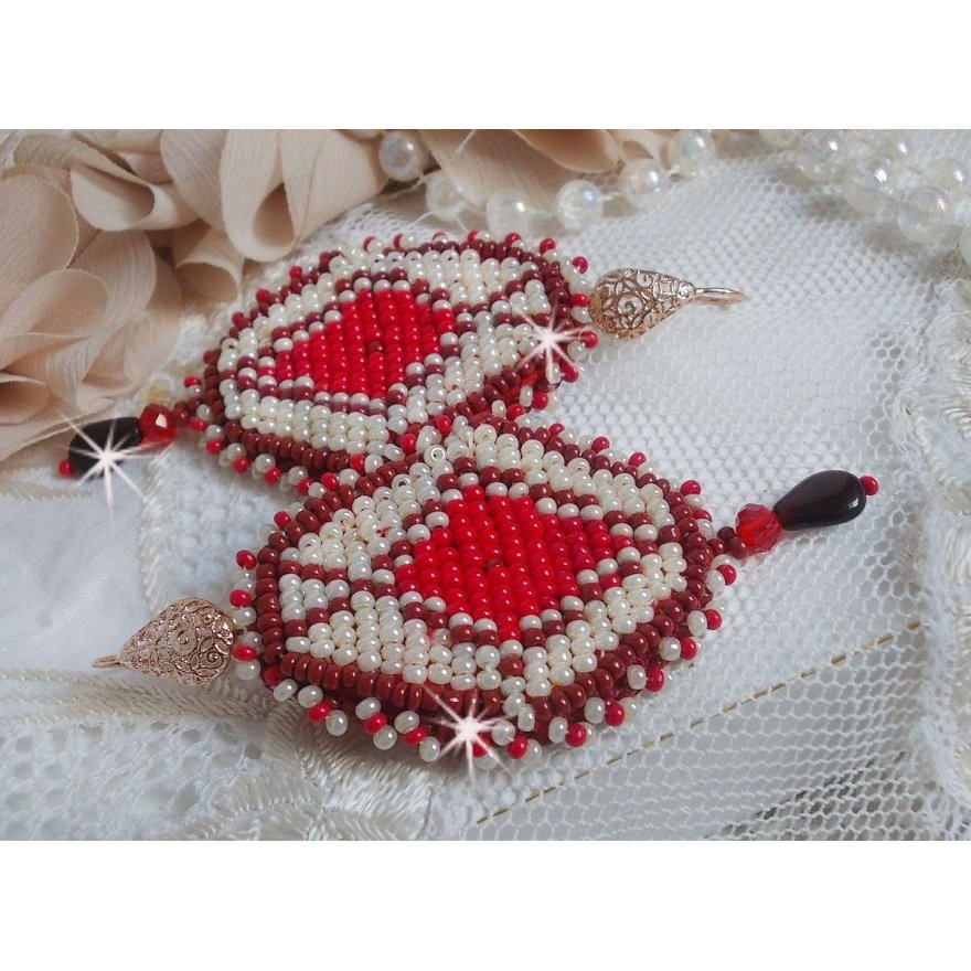 BO Romane embroidered with red glass seed beads, Bordeaux, Ivory and smooth petal drops Garnet