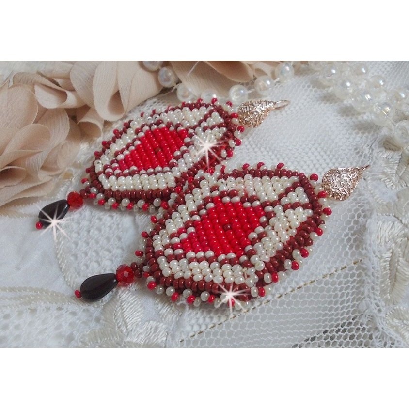 BO Romane embroidered with red glass seed beads, Bordeaux, Ivory and smooth petal drops Garnet