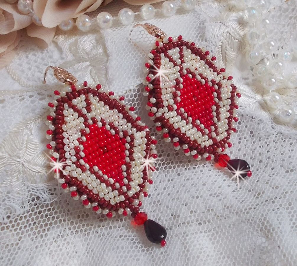 BO Romane embroidered with red glass seed beads, Bordeaux, Ivory and smooth petal drops Garnet