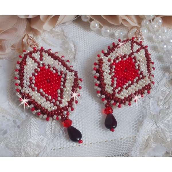 BO Romane embroidered with red glass seed beads, Bordeaux, Ivory and smooth petal drops Garnet