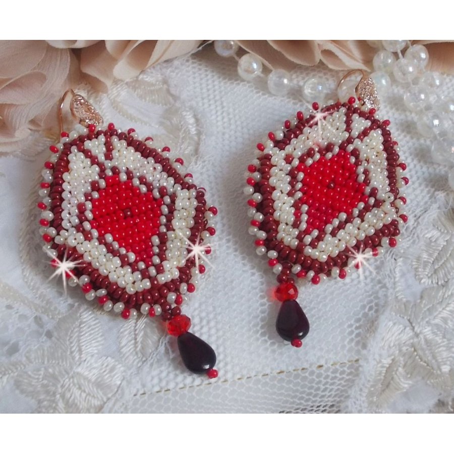 BO Romane embroidered with red glass seed beads, Bordeaux, Ivory and smooth petal drops Garnet