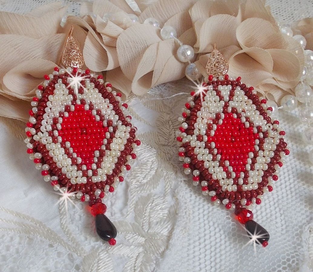 BO Romane embroidered with red glass seed beads, Bordeaux, Ivory and smooth petal drops Garnet