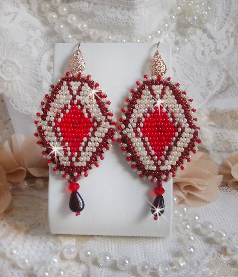 BO Romane embroidered with red glass seed beads, Bordeaux, Ivory and smooth petal drops Garnet