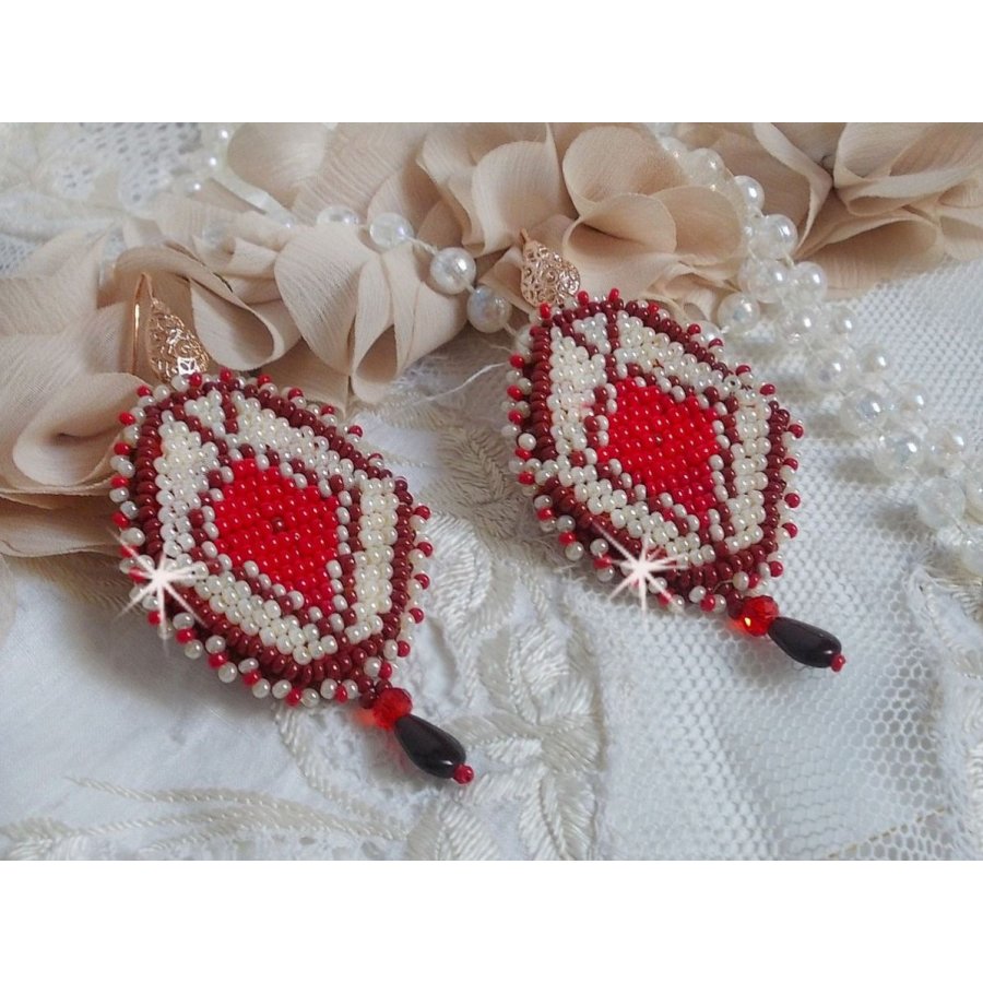 BO Romane embroidered with red glass seed beads, Bordeaux, Ivory and smooth petal drops Garnet