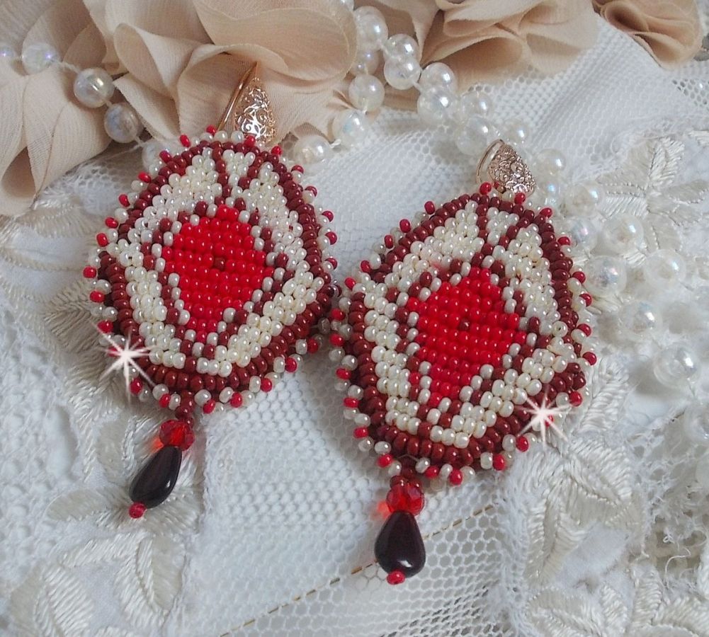 BO Romane embroidered with red glass seed beads, Bordeaux, Ivory and smooth petal drops Garnet