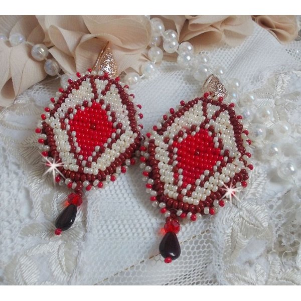 BO Romane embroidered with red glass seed beads, Bordeaux, Ivory and smooth petal drops Garnet