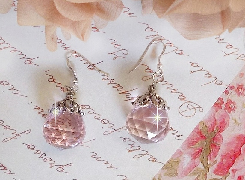 Pink Iridescent BO with Swarovski crystal balls and 925/1000 silver ear hooks