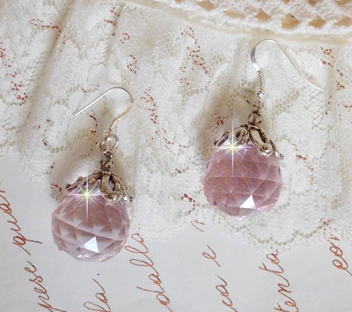 Pink Iridescent BO with Swarovski crystal balls and 925/1000 silver ear hooks