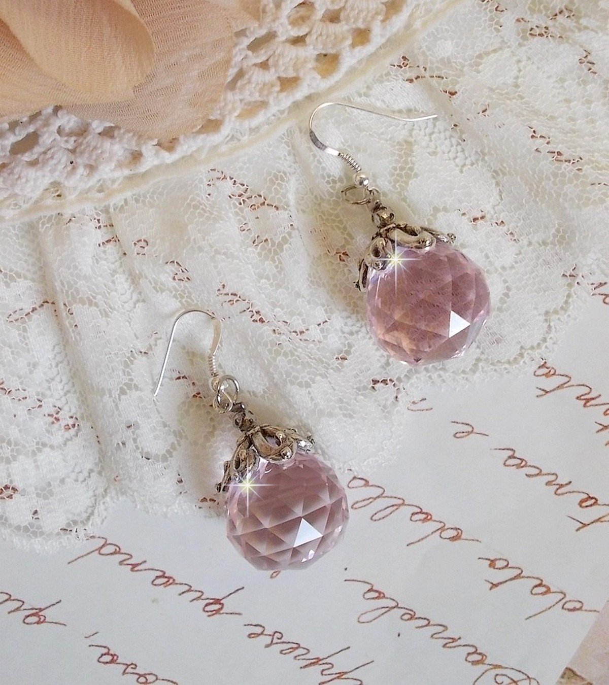 Pink Iridescent BO with Swarovski crystal balls and 925/1000 silver ear hooks